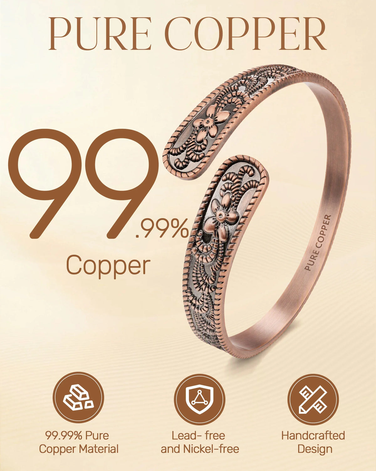 Product features infographic showing 99.99% pure copper, lead and nickel-free handcrafted floral Cuff