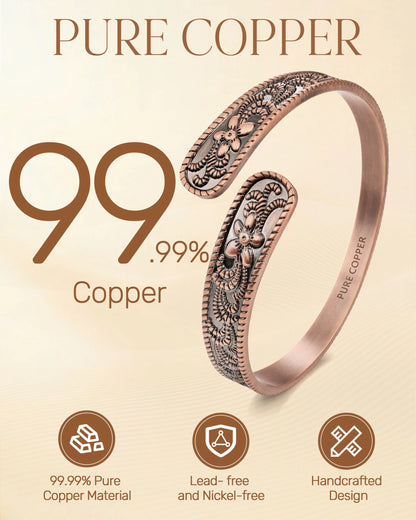 Product features infographic showing 99.99% pure copper, lead and nickel-free handcrafted floral Cuff