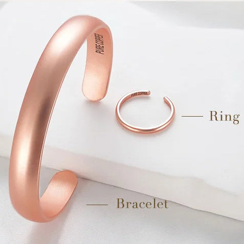 Pure copper cuff bracelet and ring set details highlighting 99.99 percent copper purity and everyday comfort