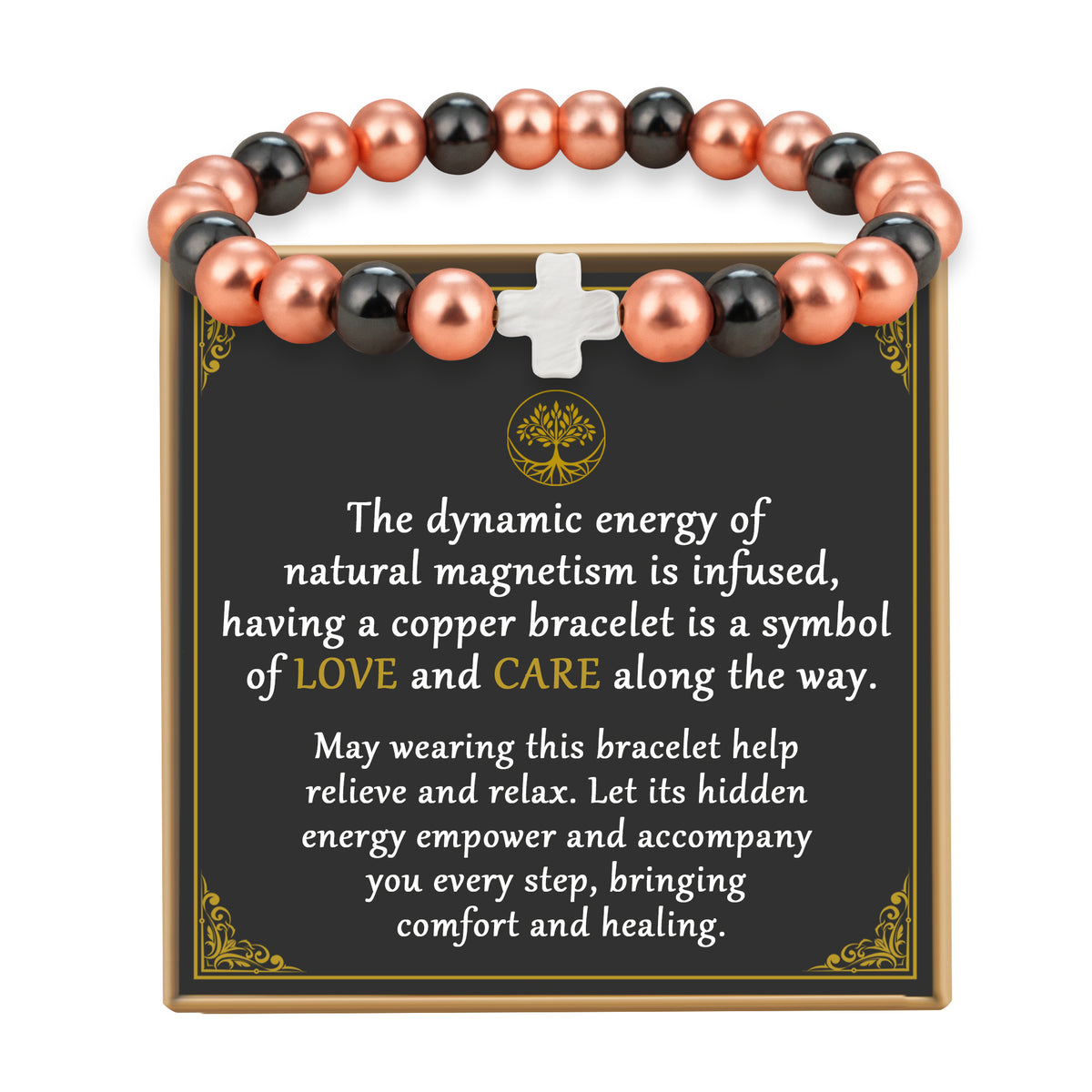  Magnetic copper bead bracelet with white seashell cross displayed on tree of life blessing card

