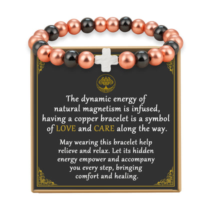  Magnetic copper bead bracelet with white seashell cross displayed on tree of life blessing card

