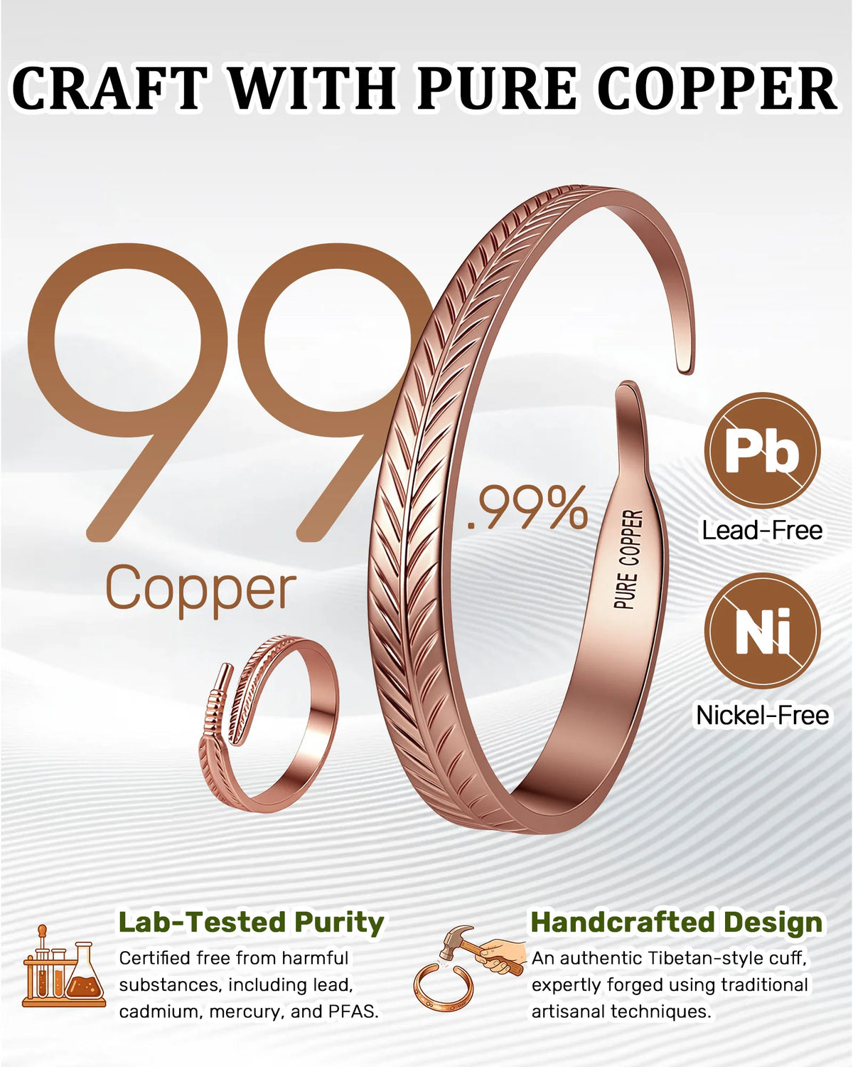 Handcrafted 99.99 percent pure copper leaf cuff bracelet and ring set certified lead-free and nickel-free
