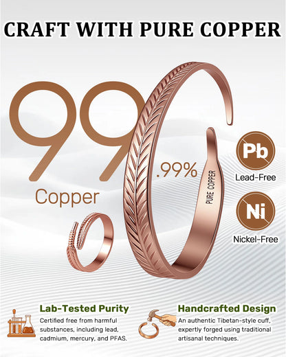 Handcrafted 99.99 percent pure copper leaf cuff bracelet and ring set certified lead-free and nickel-free
