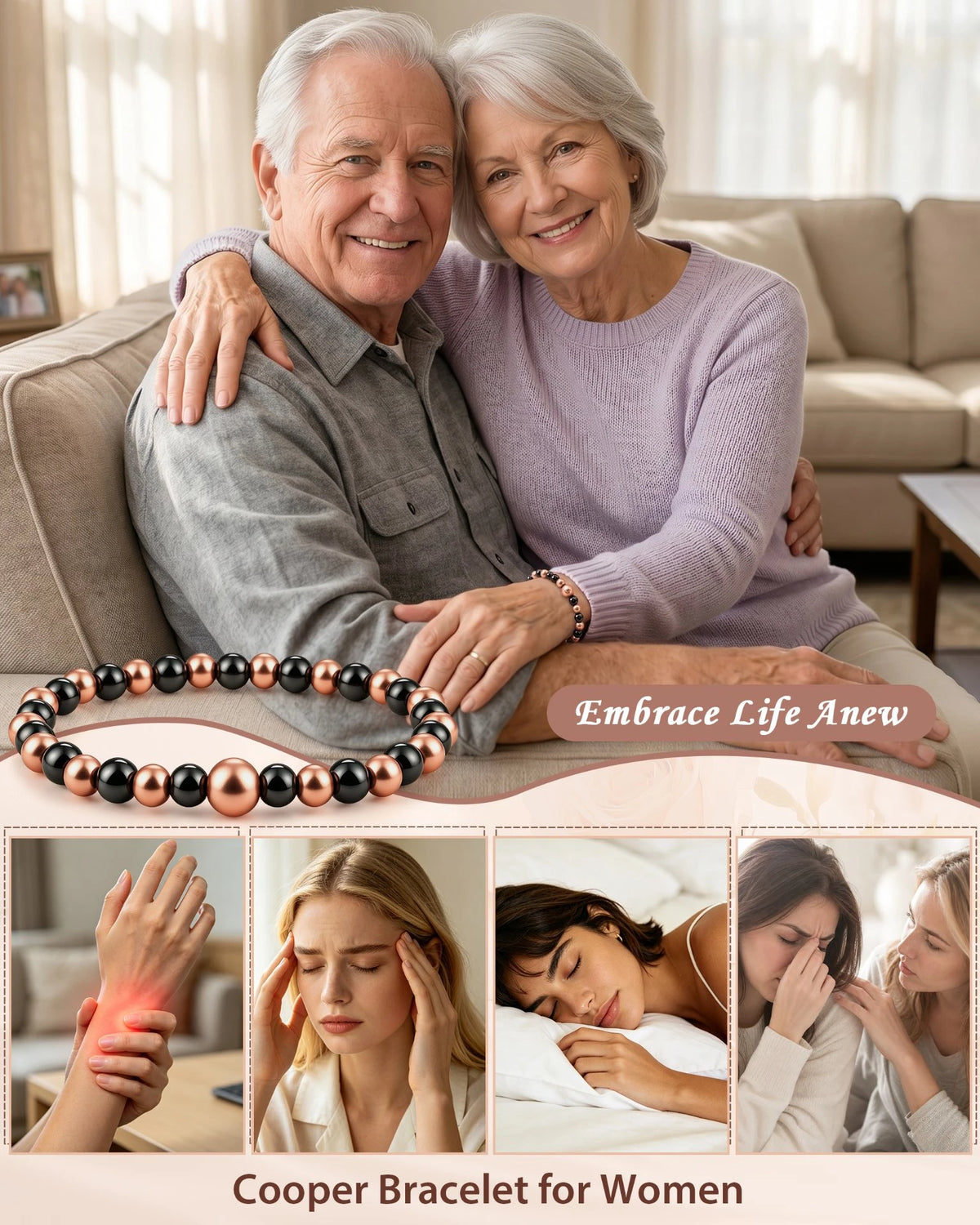 Women's magnetic copper bead bracelet for daily wellness, wrist comfort, and peaceful sleep