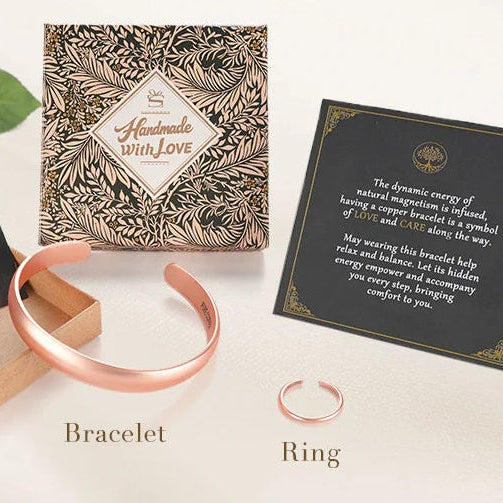 Solid copper cuff bracelet and ring gift set with handmade with love packaging for lovers, elders, and friends