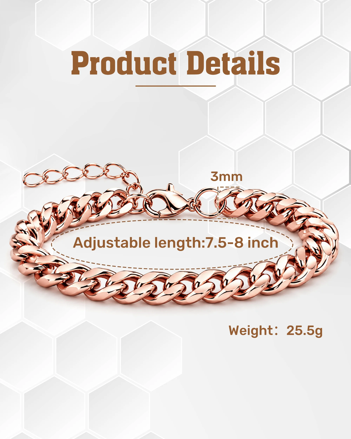 3mm solid copper Cuban link chain bracelet product details showing adjustable 7.5 to 8 inch length
