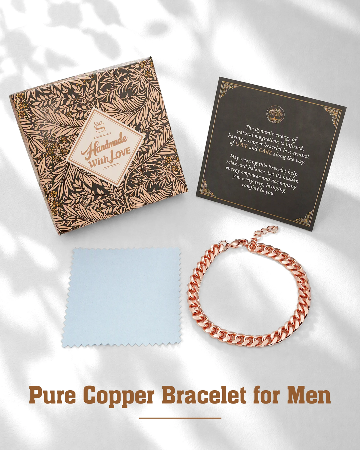Men's pure copper Cuban link bracelet gift set with handmade with love box and cleaning cloth
