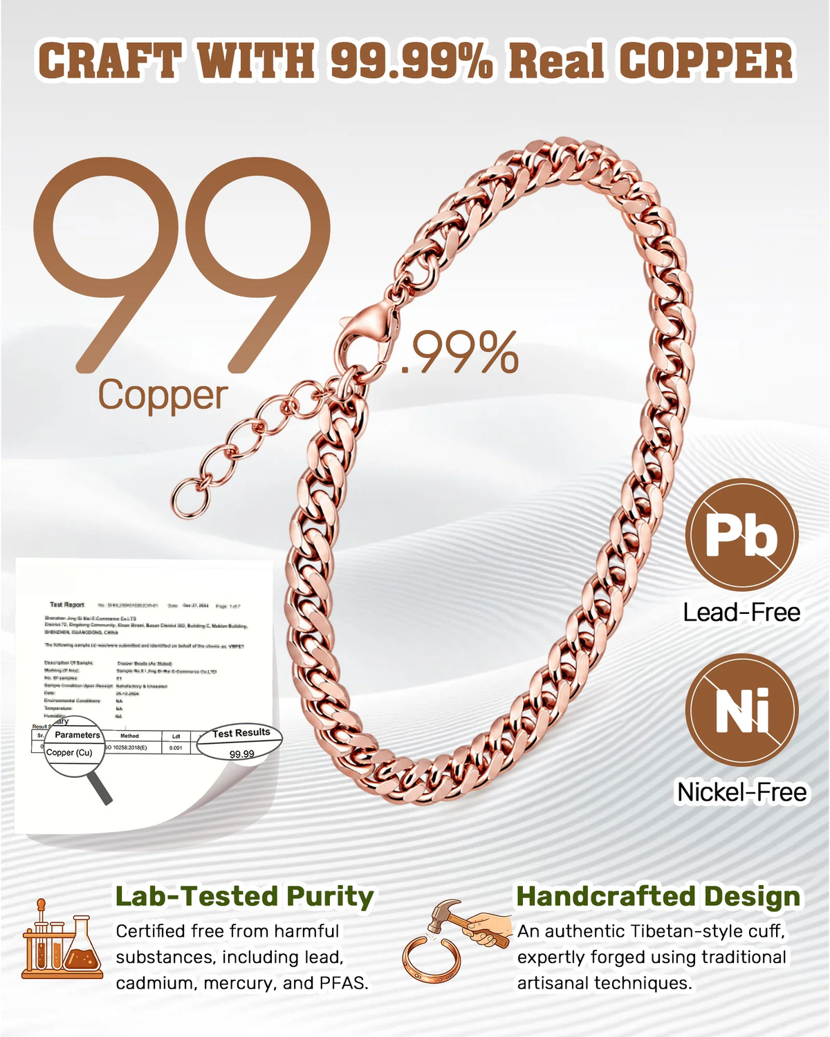Lab-tested 99.99 percent pure copper Cuban link bracelet certified lead-free and nickel-free

