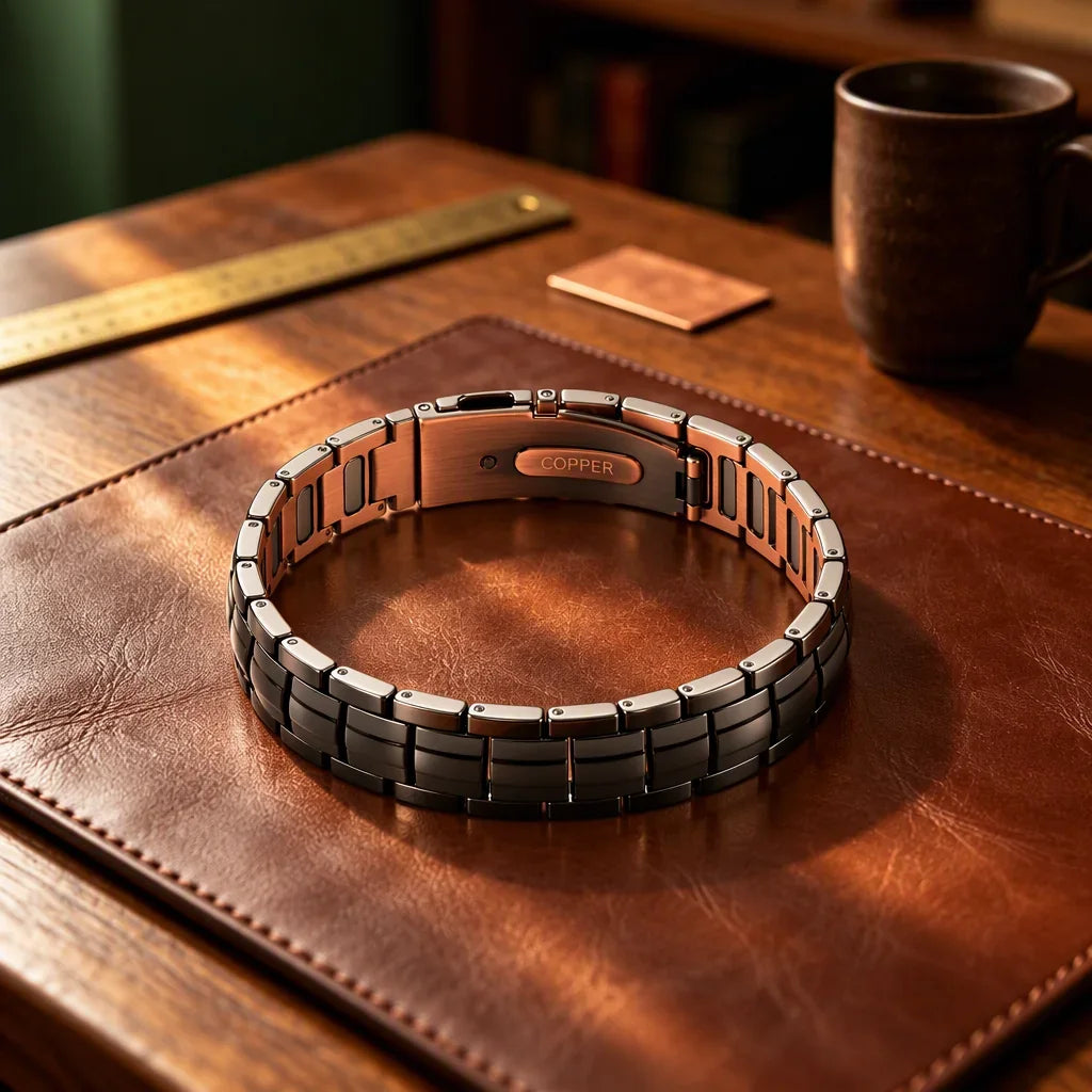 Matte black solid copper magnetic link bracelet on leather mat showing inner COPPER engraving