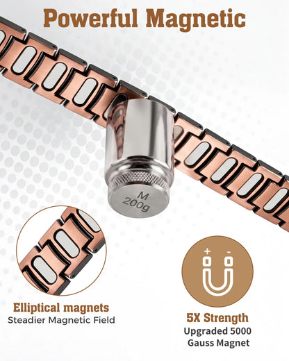 5000 Gauss elliptical magnets on copper bracelet demonstrating strong magnetic hold with 200g weight