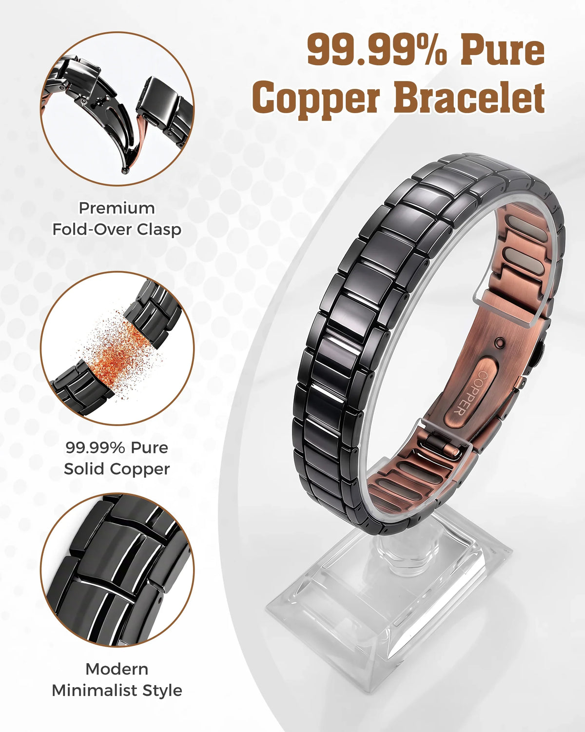 Infographic highlighting 99.99% pure solid copper construction, fold-over clasp, and minimalist design