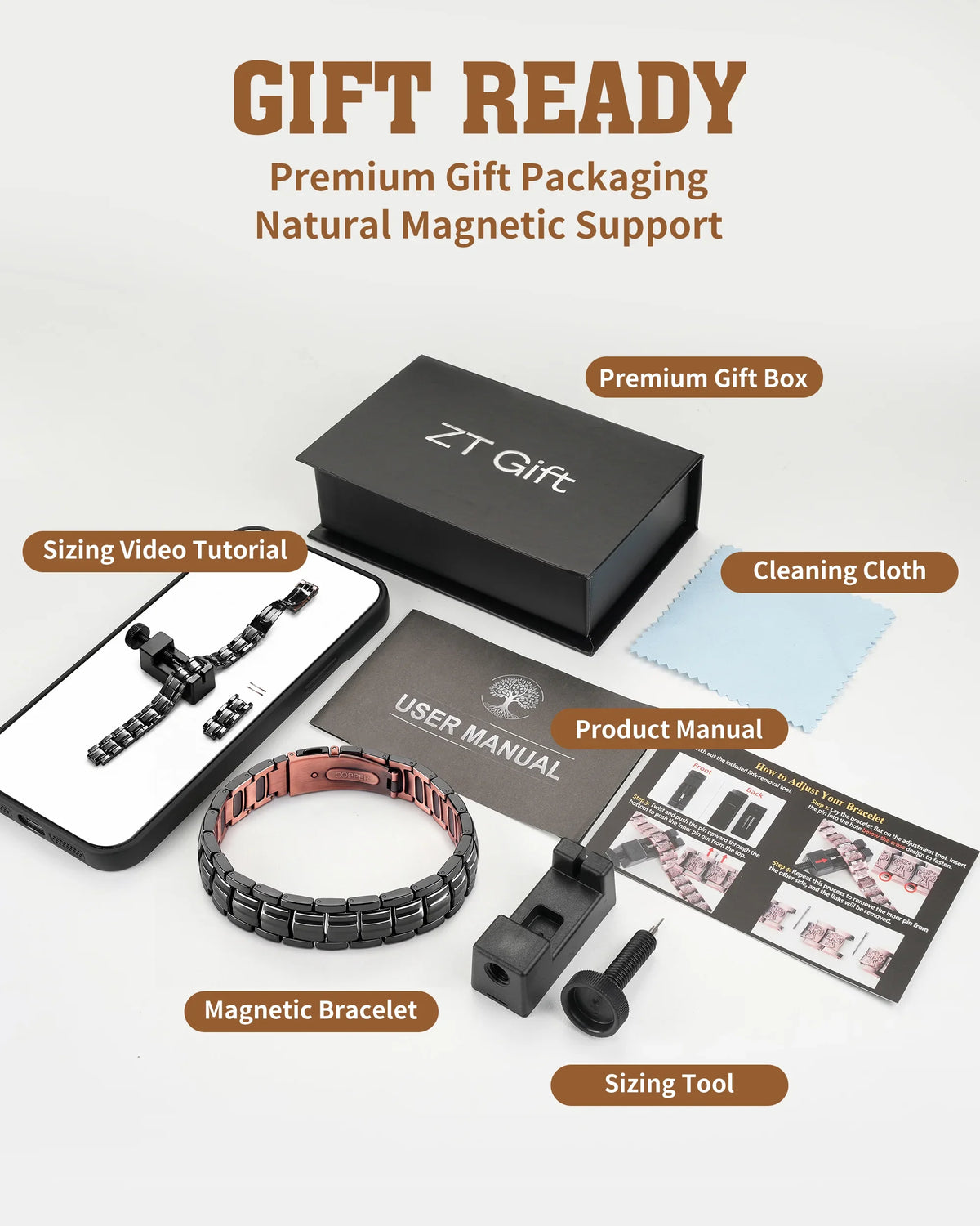 Complete gift set with matte black copper bracelet, premium gift box, cleaning cloth, sizing tool, and manual