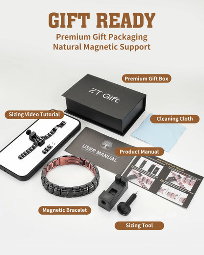 Complete gift set with matte black copper bracelet, premium gift box, cleaning cloth, sizing tool, and manual