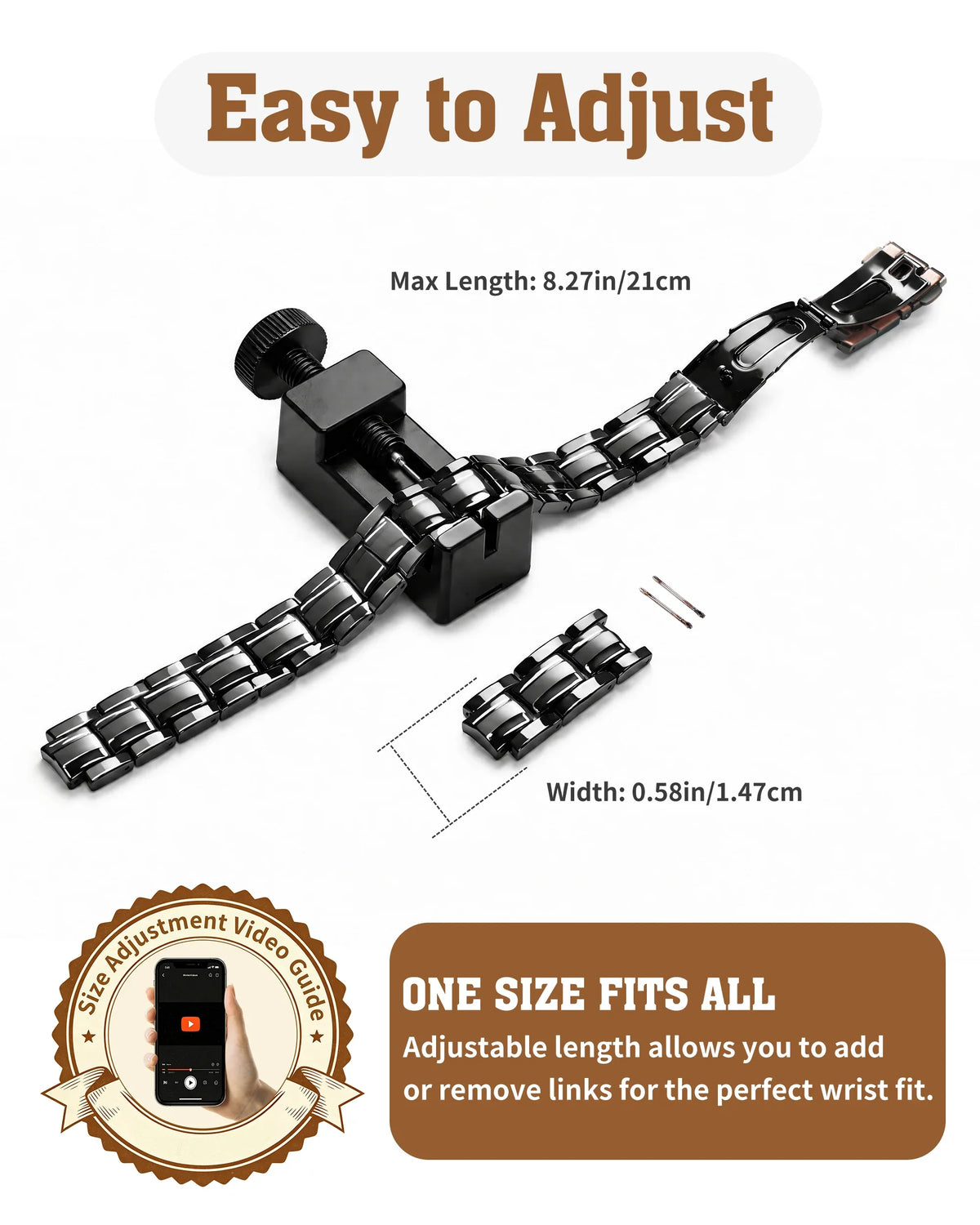 Adjustable copper link bracelet with link removal tool showing dimensions 8.27 inch length and 0.58 inch width