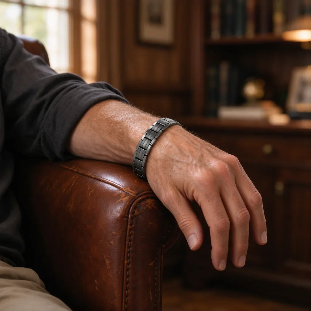 Man wearing matte black magnetic copper link bracelet on wrist in classic study setting