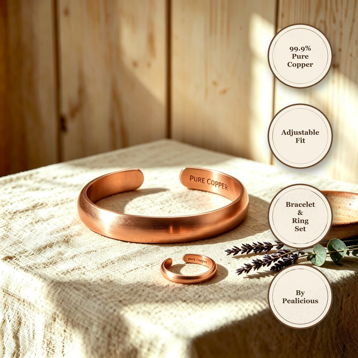 99.9 percent pure copper adjustable cuff bracelet and ring jewelry set by Pealicious
