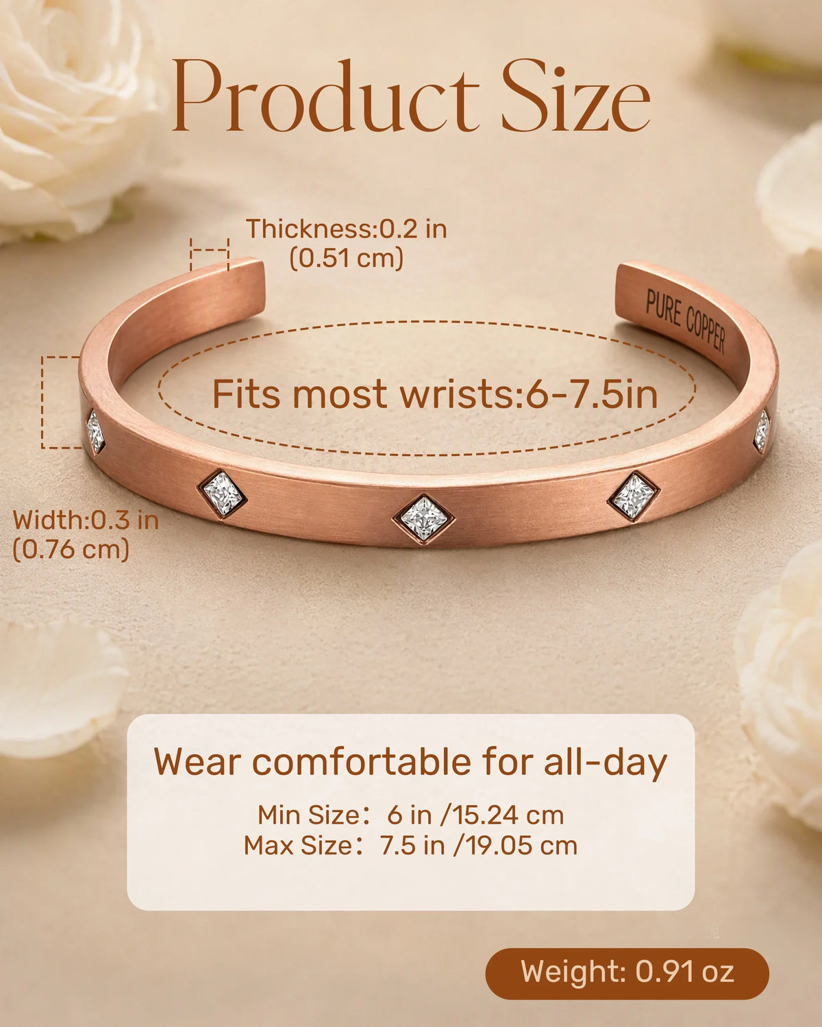 Size chart for solid copper crystal Cuff showing 6 to 7.5 inch adjustable wrist fit and 0.91 oz weight