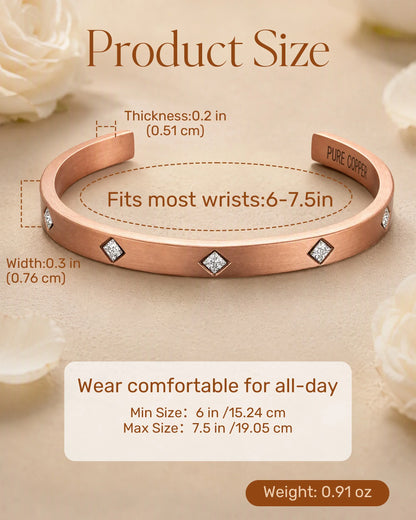 Size chart for solid copper crystal Cuff showing 6 to 7.5 inch adjustable wrist fit and 0.91 oz weight