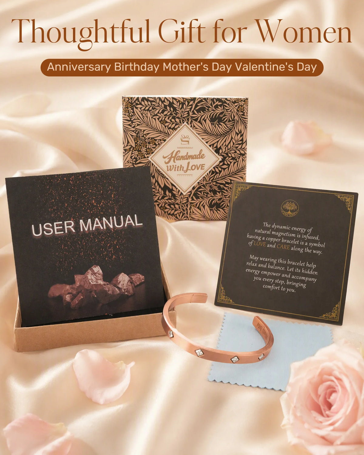 Solid copper crystal Cuff packaged in a decorative gift box with message card and cleaning cloth