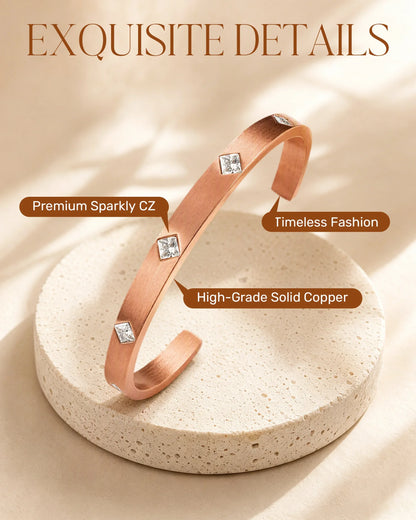 Product details infographic highlighting high-grade solid copper and sparkly CZ crystal accents