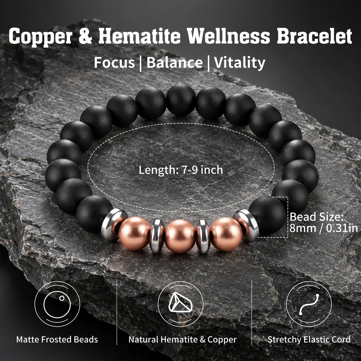 Copper and hematite beaded wellness bracelet features showing 8mm beads and elastic stretch fit