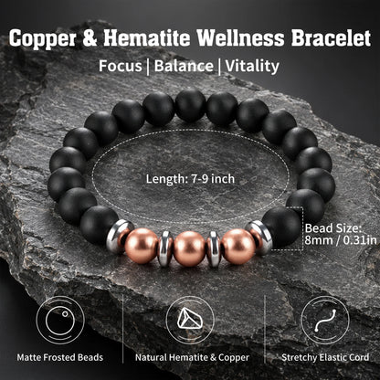 Copper and hematite beaded wellness bracelet features showing 8mm beads and elastic stretch fit