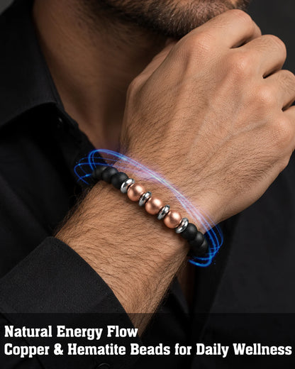 Man wearing hematite and copper beaded bracelet on wrist for daily wellness