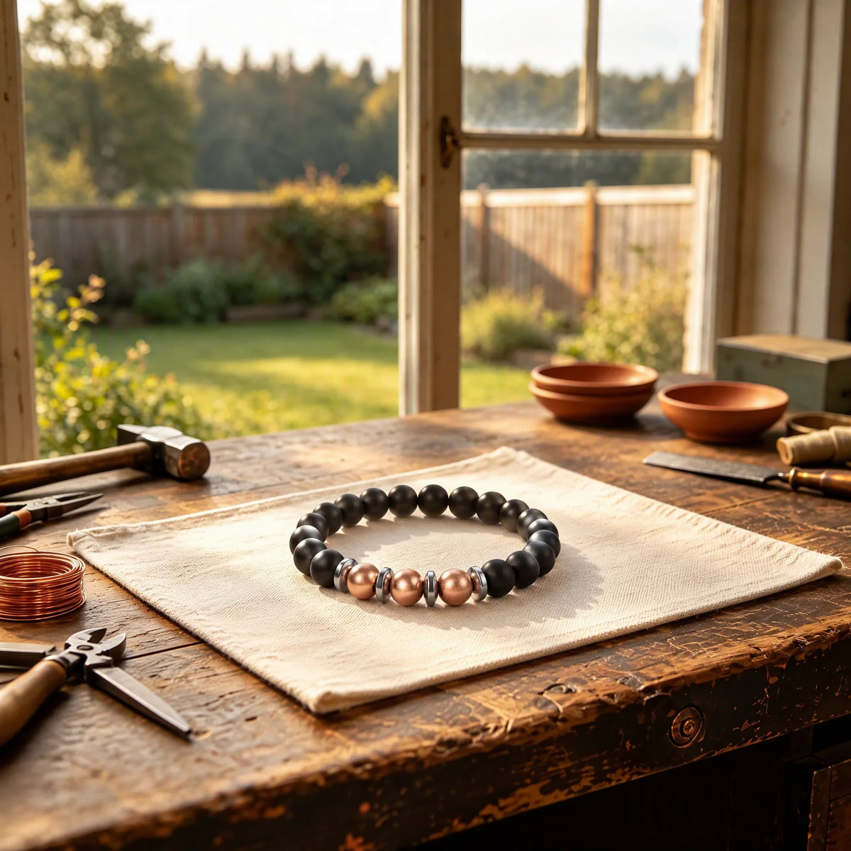 Matte black hematite beaded stretch bracelet with polished copper beads on workshop table