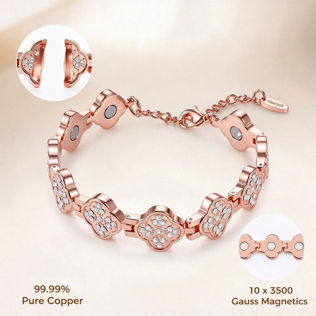 Magnetic clasp and 3500 gauss magnets on pure copper clover bracelet