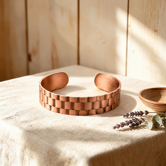 Men's brick-pattern solid copper cuff bracelet crafted from 99.99% pure copper with an open adjustable design