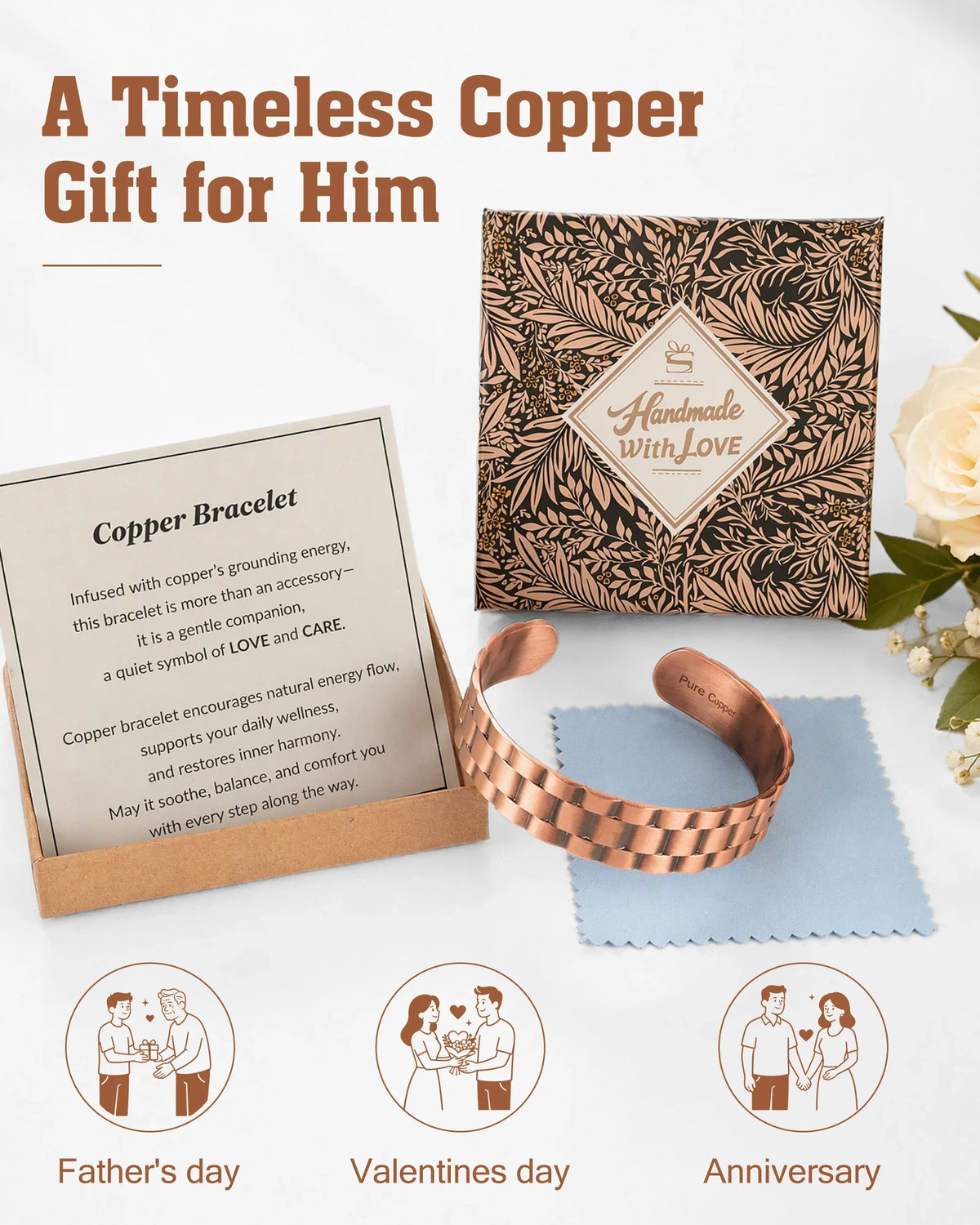 Brick-pattern solid copper cuff bracelet set in presentation gift box with product card and cleaning cloth
