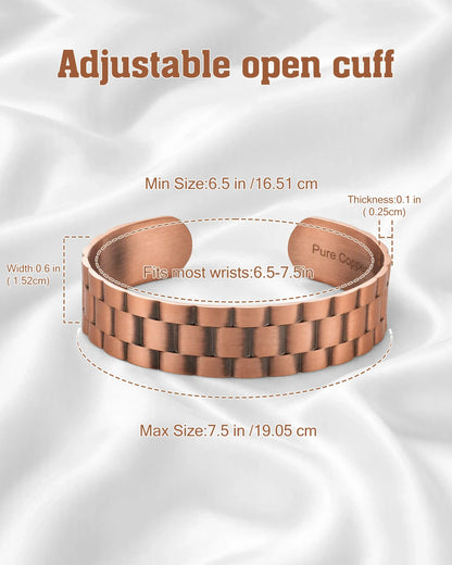 Sizing and dimension diagram for brick-pattern copper cuff bracelet showing 0.6-inch width and wrist fit range
