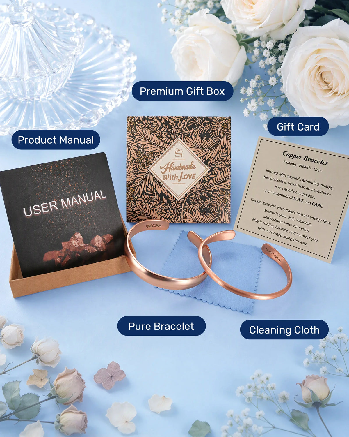 Two pure copper cuff bracelets set with luxury gift box user manual cleaning cloth and greeting card
