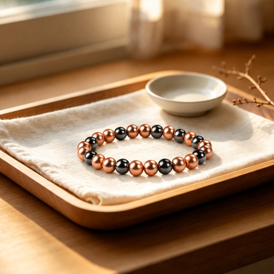 Magnetic copper beaded bracelet with pure copper and black magnetic beads on wooden tray