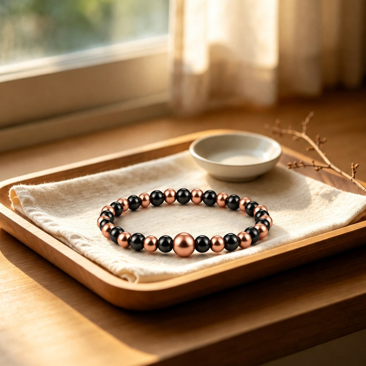 Magnetic copper beaded bracelet with 8mm center copper bead and black magnetic beads on wooden tray