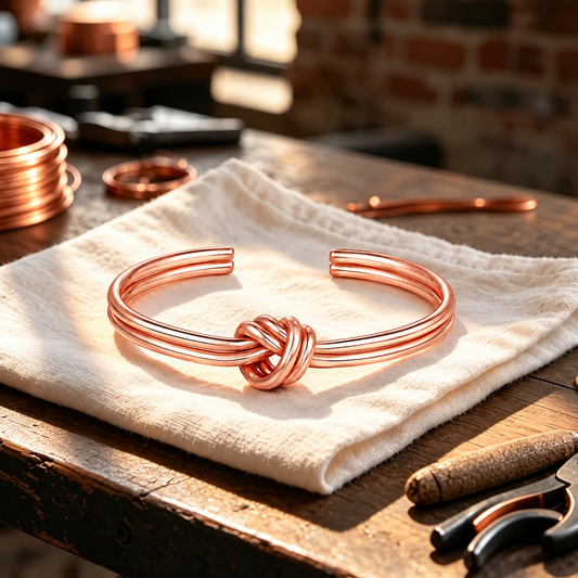 Handcrafted Pure copper love knot cuff bracelet on artisan linen cloth