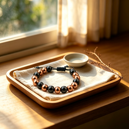 Handcrafted magnetic copper and black bead bracelet with adjustable braided cord on wooden display tray