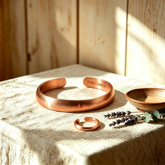 Solid copper cuff bracelet and matching open ring set engraved with pure copper on linen table