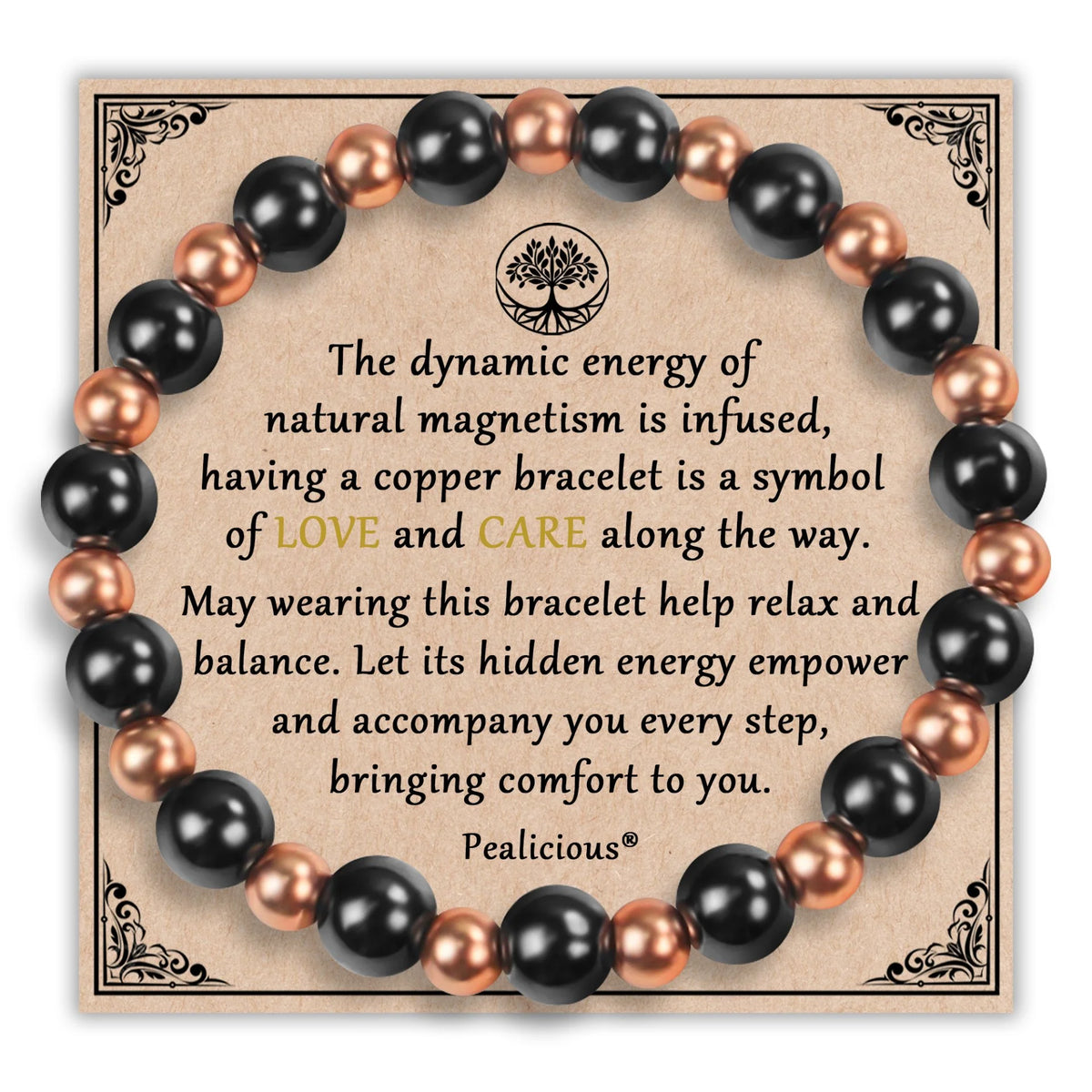 Magnetic copper and black magnetic bead bracelet on Pealicious love and care inspirational gift card
