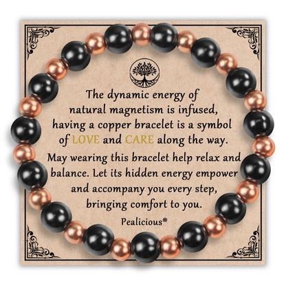 Magnetic copper and black magnetic bead bracelet on Pealicious love and care inspirational gift card
