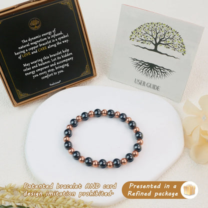 Graduated magnetic copper bead bracelet gift set with refined kraft box, user guide, and patented card
