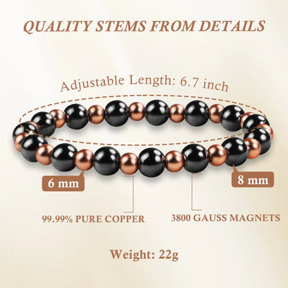 3800 gauss magnetic copper beaded bracelet details showing 6mm copper beads, 8mm magnetic beads, and 6.7 inch length
