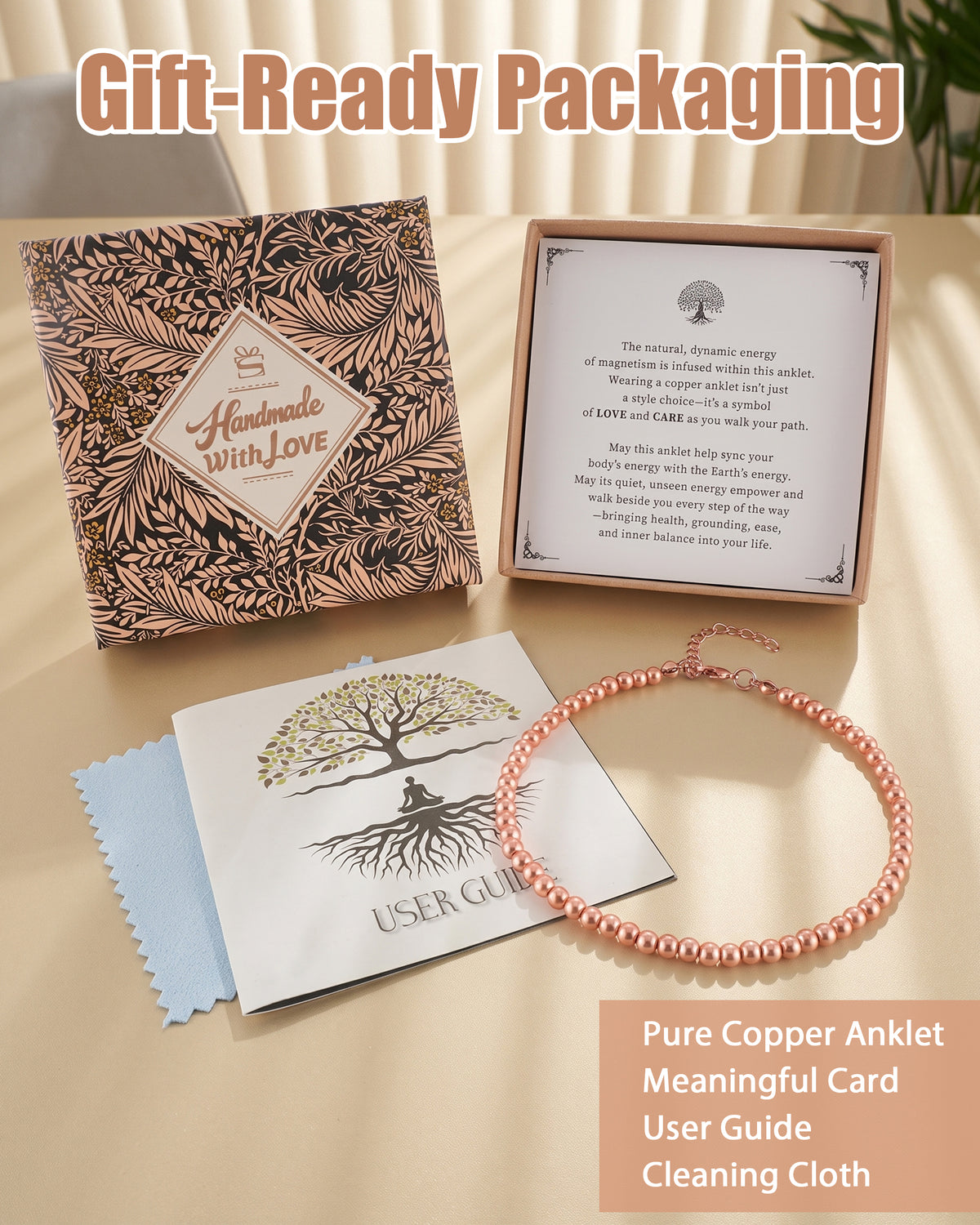 copper beaded anklet with gift-ready packaging including handmade with love gift box, message card, user guide and cleaning cloth