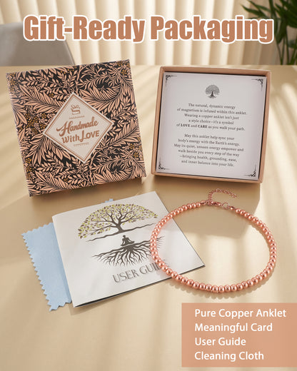 copper beaded anklet with gift-ready packaging including handmade with love gift box, message card, user guide and cleaning cloth