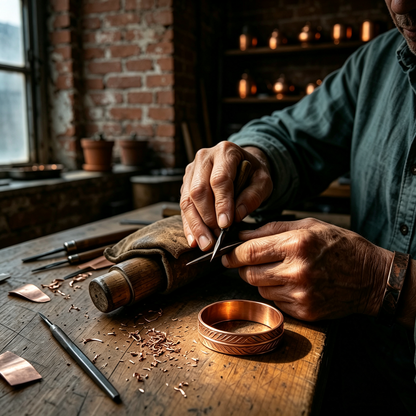 Close-up of an artisan's hands engraving a solid copper bangle at a worn wooden workbench scattered with copper shavings and hand tools in a rustic brick-wall workshop.