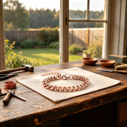 Men's solid copper Cuban link bracelet on artisan wooden workbench by sunlit window