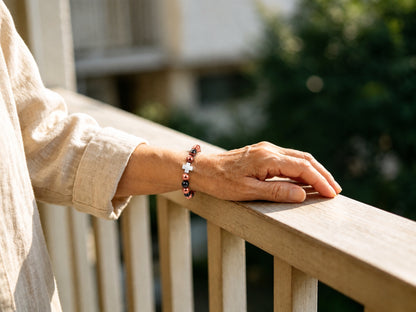 Magnetic copper bead bracelet with white mother-of-pearl cross worn on wrist outdoors on wooden railing

