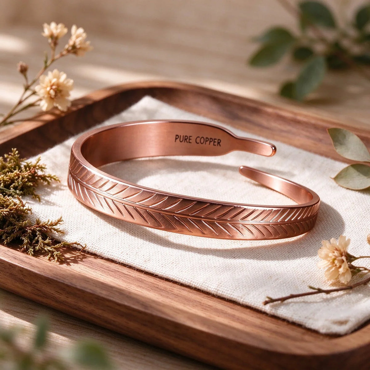   Handcrafted pure copper leaf cuff bracelet with engraved feather pattern resting on linen cloth and wooden tray.
 