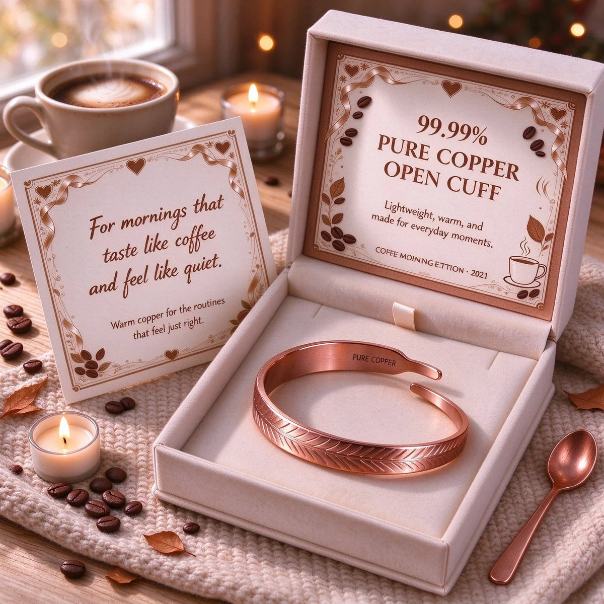   Pure copper leaf cuff bracelet in white luxury gift box with inspirational morning routine message card and candles.
  