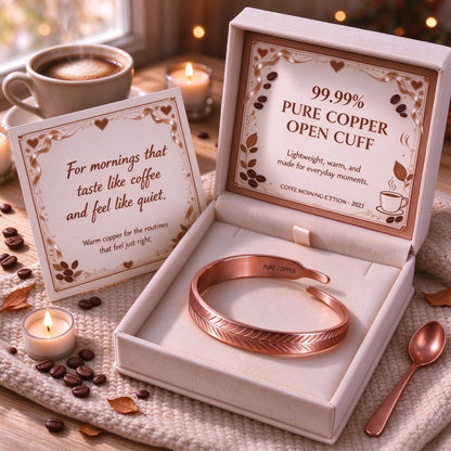   Pure copper leaf cuff bracelet in white luxury gift box with inspirational morning routine message card and candles.
  